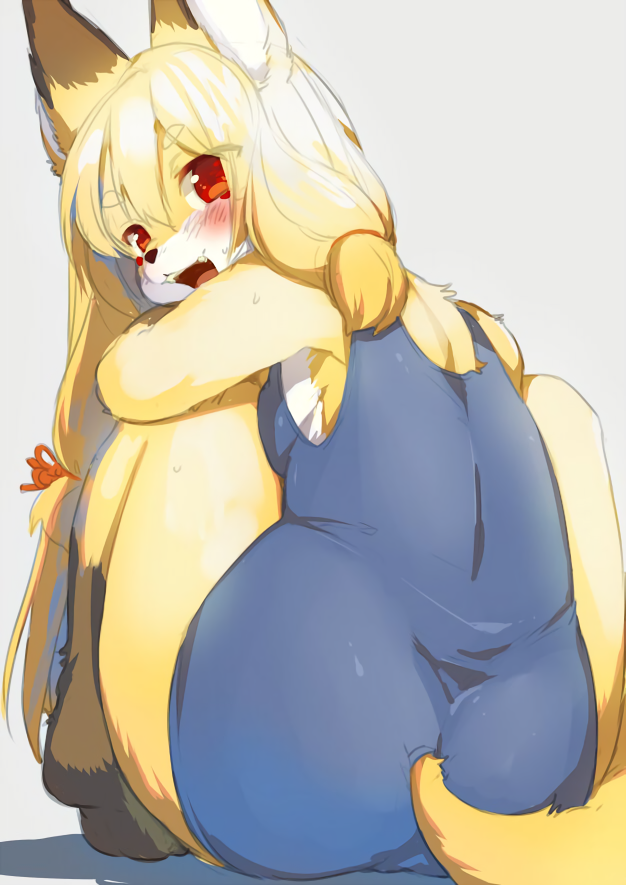 1girl animal_ears ass blush eyebrows_visible_through_hair fox_ears fox_girl fox_tail furry kishibe long_hair looking_at_viewer looking_back open_mouth orange_hair original red_eyes sidelocks sitting solo tail thick_eyebrows