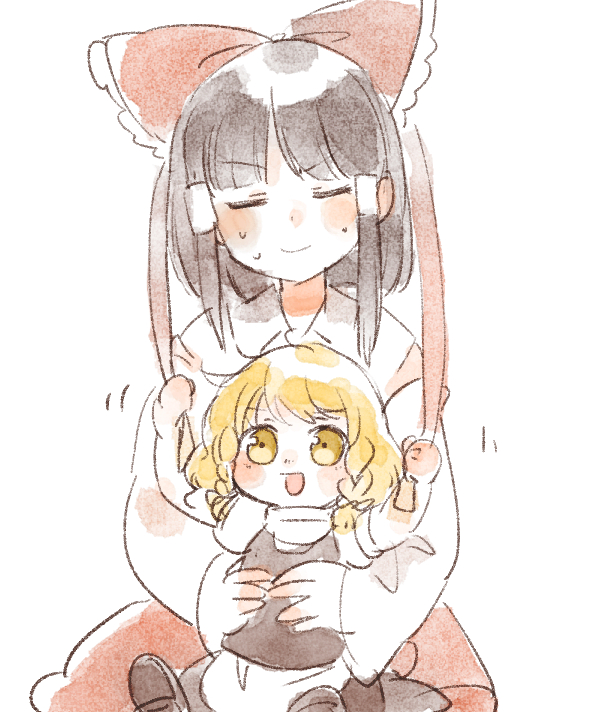 2girls :d annoyed apron baby bangs black_footwear black_hair black_skirt black_vest blonde_hair blush bow braid closed_eyes eyebrows_visible_through_hair hair_bow hair_tubes hakurei_reimu hands_up kirisame_marisa looking_at_viewer motion_lines multiple_girls open_mouth red_bow red_skirt sasa_kichi short_hair simple_background sitting sitting_on_lap sitting_on_person sketch skirt smile touhou vest waist_apron white_apron white_background yellow_eyes younger