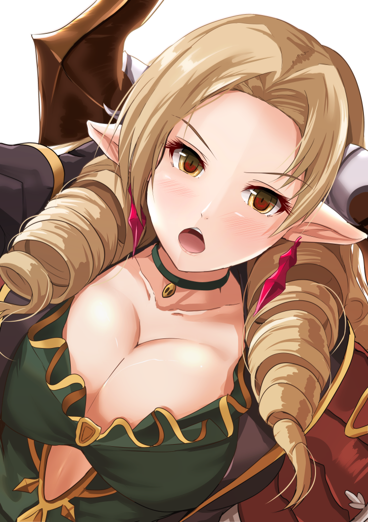 1girl blonde_hair breasts character_request choker cleavage doraf dress drill_hair earrings eyebrows_visible_through_hair granblue_fantasy green_dress horns jewelry kanzaki_kureha large_breasts long_hair open_mouth pendant pointy_ears red_earrings ringlets solo tagme yellow_eyes