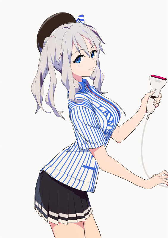 1girl barcode_scanner beret black_hat black_skirt blue_eyes employee_uniform hat kantai_collection kashima_(kantai_collection) lawson looking_at_viewer pleated_skirt shirt sidelocks silver_hair simple_background skirt smile sohin solo striped striped_shirt twintails uniform vertical_stripes wavy_hair white_background
