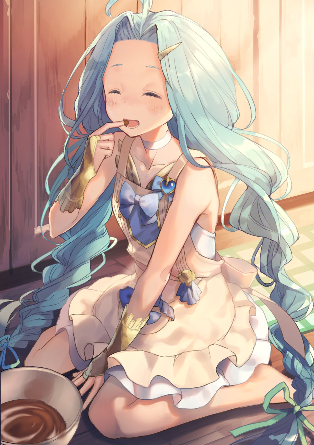 1girl :d ^_^ ahoge apron bare_shoulders blue_hair blush bowl braid bridal_gauntlets chocolate choker closed_eyes collarbone dress finger_to_mouth floor granblue_fantasy hair_intakes hair_ornament hair_ribbon hairclip highres long_hair low-tied_long_hair lyria_(granblue_fantasy) open_mouth ribbon sitting smile solo twin_braids very_long_hair wariza white_dress yumekui