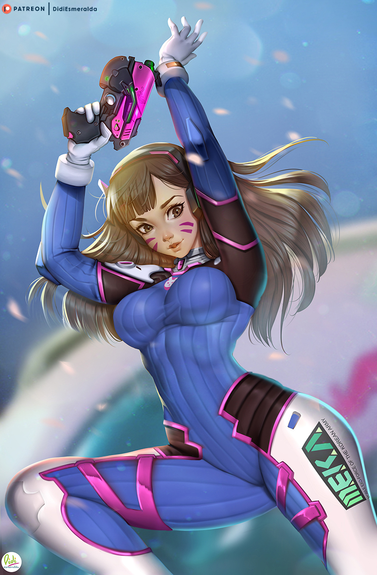 1girl acronym animal_print artist_name bangs blue_bodysuit blue_sky blurry blurry_background bodysuit breasts brown_eyes brown_hair bunny_print clothes_writing cowboy_shot d.va_(overwatch) day didi_esmeralda facepaint facial_mark finger_on_trigger gloves gun handgun headphones high_collar holding holding_gun holding_weapon lips long_hair looking_at_viewer medium_breasts nose outdoors overwatch parted_lips patreon_logo petals pilot_suit pink_lips pistol ribbed_bodysuit shoulder_pads signature skin_tight sky solo swept_bangs weapon whisker_markings white_gloves