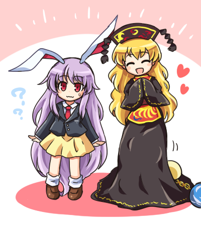 2girls :d ? animal_ears bangs black_dress blonde_hair blush_stickers brown_footwear chains closed_eyes closed_mouth collared_shirt dress earth_(ornament) eyebrows_visible_through_hair full_body hat junko_(touhou) long_hair long_sleeves looking_at_viewer lowres multiple_girls open_mouth pleated_skirt pote_(ptkan) purple_hair rabbit_ears red_eyes red_neckwear reisen_udongein_inaba shirt shoes sidelocks skirt smile socks standing sweat tabard touhou very_long_hair wavy_mouth white_legwear white_shirt wide_sleeves yellow_skirt