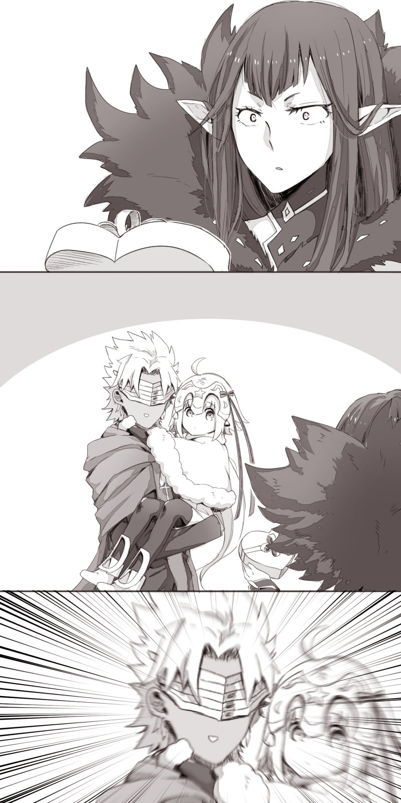 1boy 2girls ahoge amakusa_shirou_(fate) black_hair box carrying comic commentary_request cross dark_skin eyebrows_visible_through_hair fate/apocrypha fate/grand_order fate_(series) fur-trimmed_capelet fur_collar gift gift_box highres holding incoming_gift jeanne_d'arc_(fate)_(all) jeanne_d'arc_alter_santa_lily long_hair mask mask_on_head monochrome multiple_girls pointy_ears princess_carry semiramis_(fate) surprised valentine white_hair worrisorochi