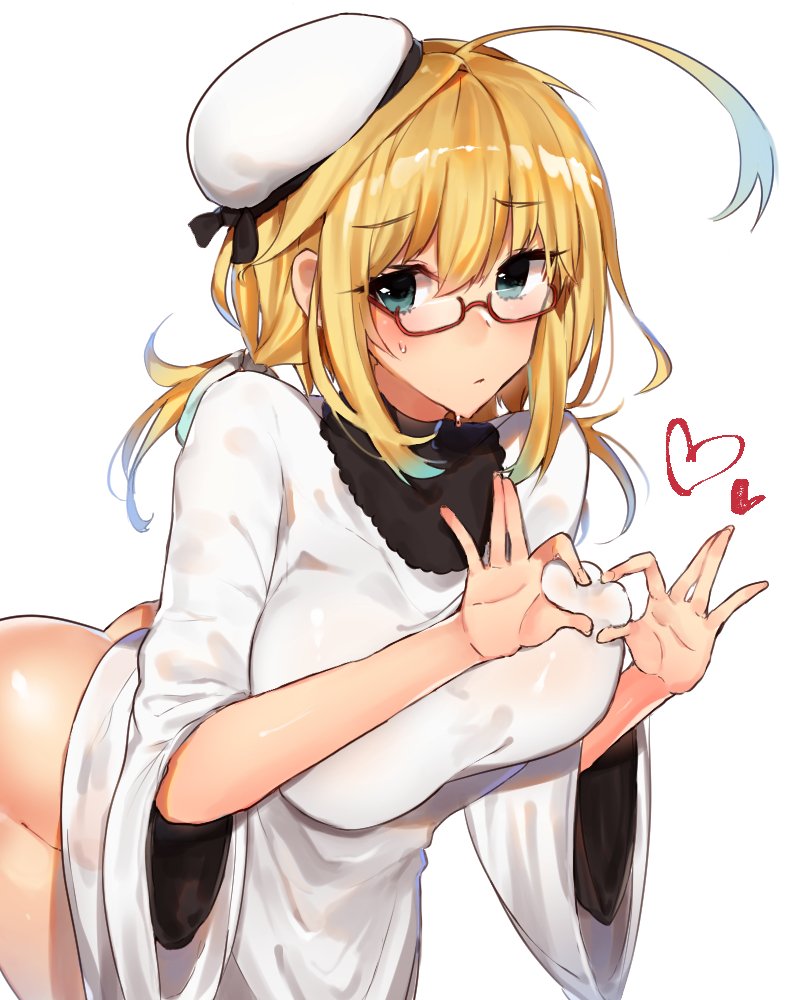 1girl ahoge amakaze aqua_eyes ass bangs bare_arms bent_over beret black_bow blonde_hair blue_hair blush bottomless bow breasts dress eyebrows eyebrows_visible_through_hair eyelashes facing_away fingernails gradient_hair hair_between_eyes hair_ribbon hat hat_bow heart heart_hands huge_ahoge i-8_(kantai_collection) kantai_collection large_breasts long_hair long_sleeves looking_away looking_to_the_side low_twintails multicolored_hair palms red-framed_eyewear ribbon semi-rimless_eyewear simple_background single_hair_intake solo sweat taut_clothes taut_dress turtleneck twintails two-tone_hair under-rim_eyewear white_background white_dress white_hat white_ribbon wide_sleeves