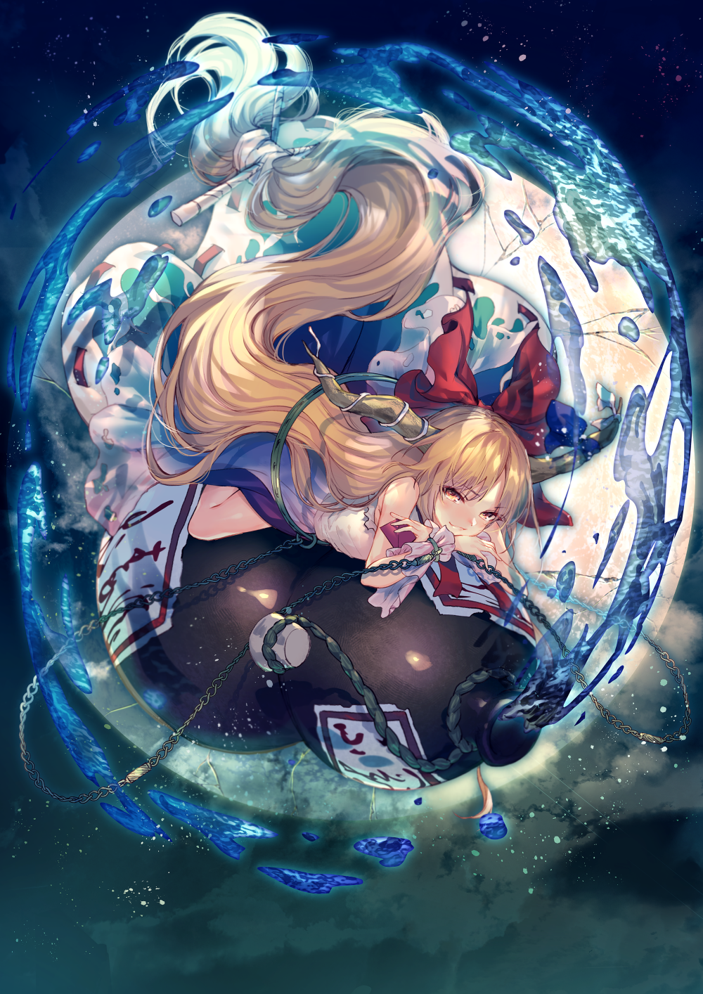 1girl bare_arms bare_shoulders blonde_hair bow chains commentary_request cuffs dress eyebrows_visible_through_hair gourd hair_bow highres horns ibuki_suika long_hair looking_at_viewer low-tied_long_hair lying moon night night_sky on_stomach red_bow shackles sky sleeveless sleeveless_dress smile solo touhou uu_uu_zan very_long_hair wrist_cuffs yellow_eyes