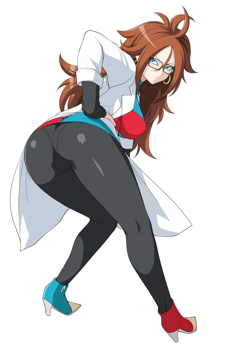 1girl android_21 ass black-framed_eyewear blue_eyes breasts brown_hair checkered checkered_dress closed_mouth curly_hair dragon_ball dragon_ball_fighterz dress earrings from_behind glasses haruhisky high_heels highres hoop_earrings jewelry labcoat large_breasts long_hair looking_at_viewer looking_back pantyhose shiny shiny_hair shiny_skin simple_background solo standing white_background