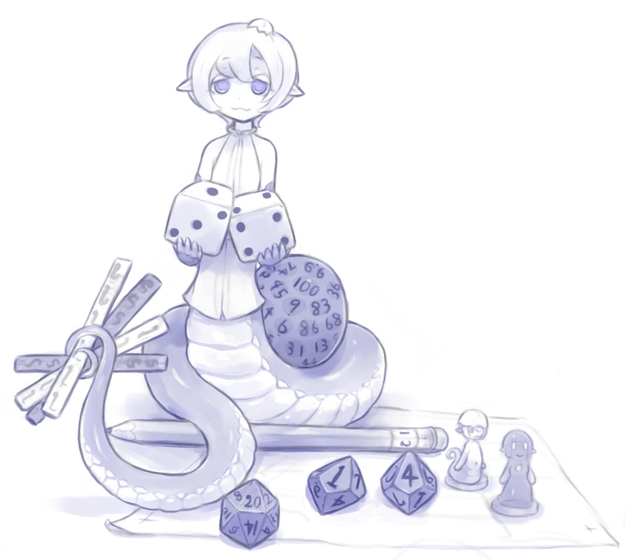 1girl :3 bangs bare_shoulders blue dice figure holding idon lamia looking_at_viewer monochrome monster_girl original short_hair simple_background sleeveless smile solo tail tail_hold white_background