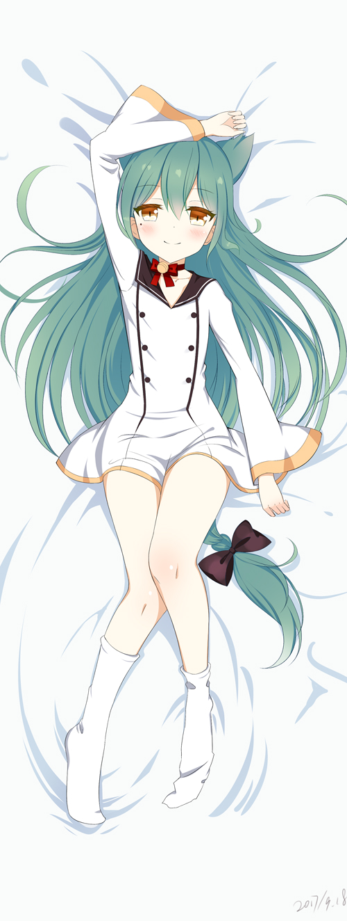 1girl akashi_(azur_lane) animal_ears arm_up azur_lane bangs bed_sheet bell black_bow blush bow braid brown_eyes cat_ears closed_mouth collarbone commentary_request dakimakura dated dress eyebrows_visible_through_hair full_body green_hair hair_between_eyes hair_bow highres jingle_bell kneehighs kneehighs_pull linhe_de_chuangzi long_hair long_sleeves looking_at_viewer lying no_shoes on_back red_bow sailor_dress smile solo very_long_hair white_dress white_legwear wide_sleeves
