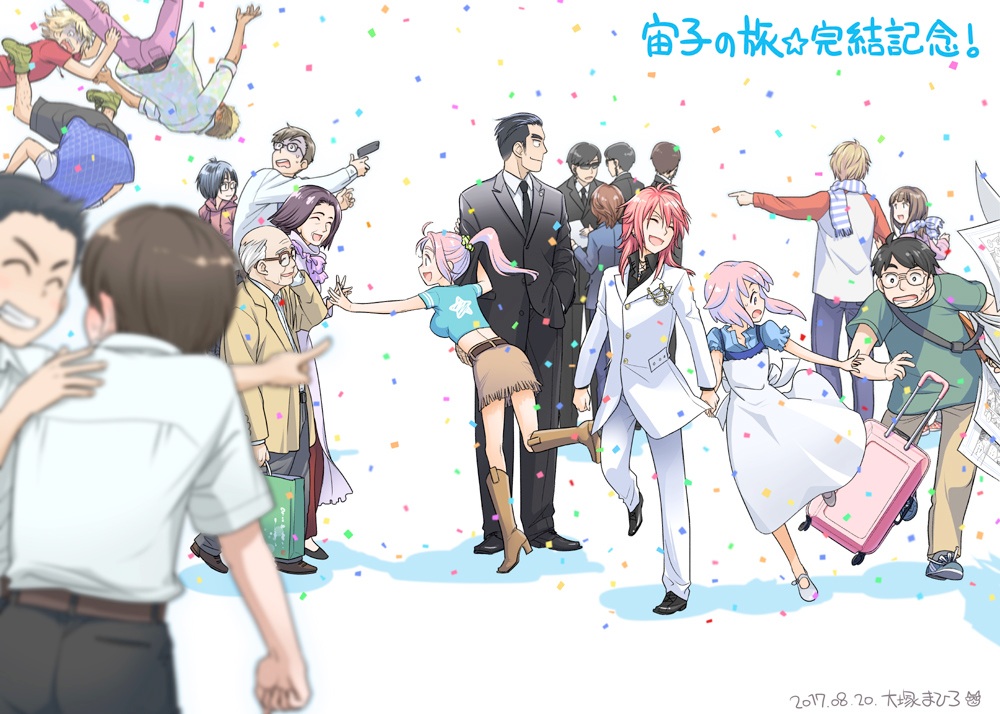 confetti freckles group_picture otakubeam pink_hair simple_background