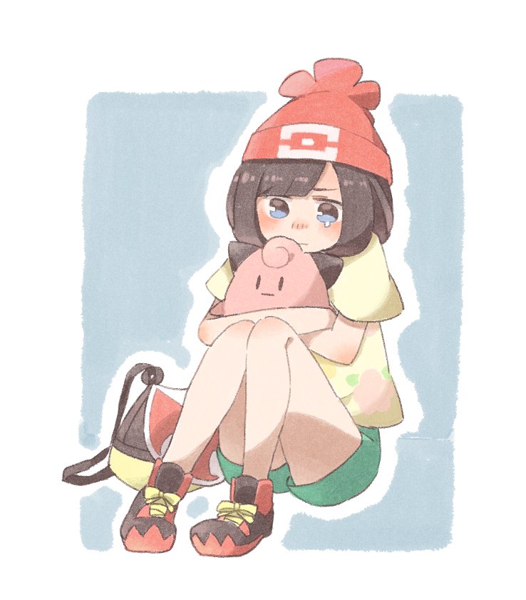 1girl bag bangs beanie blue_background blue_eyes blunt_bangs blush brown_hair clefairy green_shorts hat mizuki_(pokemon_sm) nose_blush outline pigeon-toed pokemon pokemon_(creature) sasa_kichi shirt shoes short_hair short_sleeves shorts simple_background white_outline