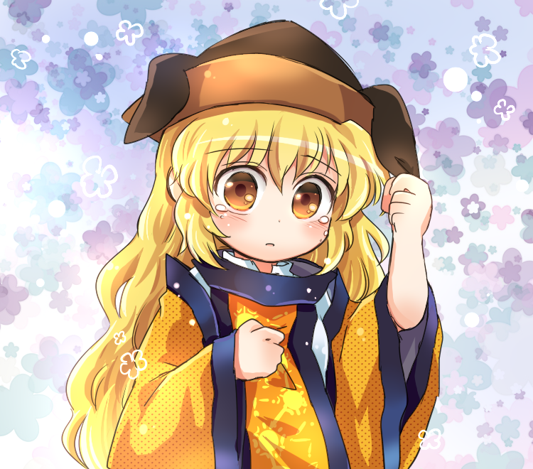 1girl blonde_hair blush brown_eyes brown_hat crying crying_with_eyes_open expressive_clothes eyebrows_visible_through_hair floral_background hair_between_eyes hat lavender_background long_hair looking_at_viewer matara_okina pote_(ptkan) solo tabard tears touhou upper_body wide_sleeves