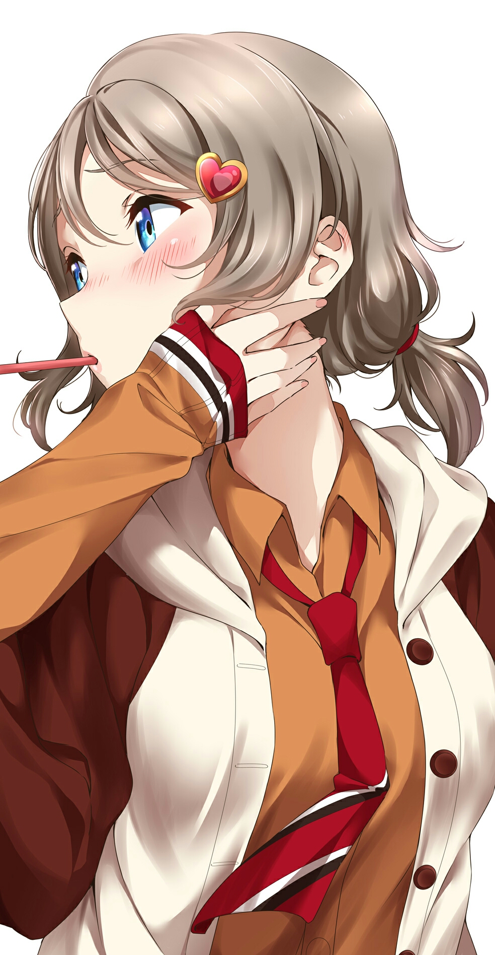 1girl bangs blue_eyes blush buttons eyebrows_visible_through_hair grey_hair hair_ornament hairclip hand_on_own_cheek highres long_sleeves looking_to_the_side love_live! love_live!_school_idol_project love_live!_sunshine!! low_tied_hair necktie orange_shirt school_uniform shirt short_hair sleeves_past_wrists surfing_orange upper_body watanabe_you