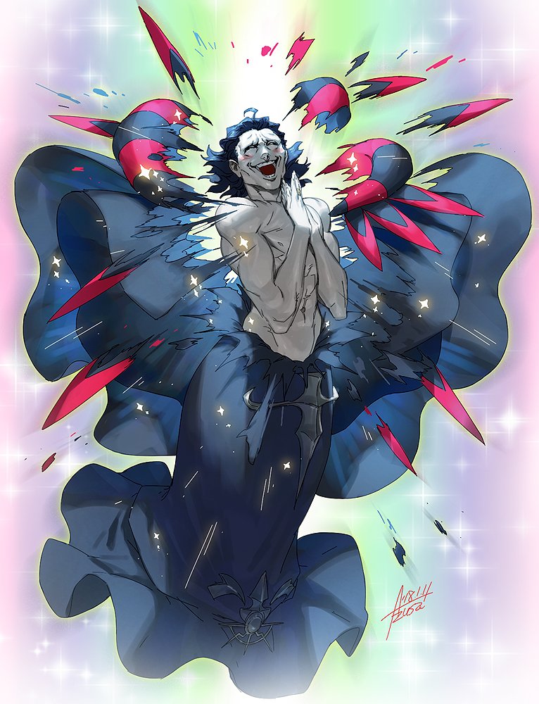 1boy azusa_(hws) black_hair blush exploding_clothes fate/grand_order fate/zero fate_(series) gilles_de_rais_(caster)_(fate) gradient_background male_focus open_mouth own_hands_together pale_skin rainbow_background signature simple_background smile solo sparkle
