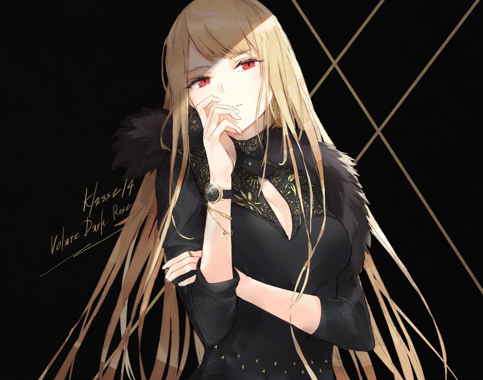 1girl black_background black_jacket blonde_hair breasts closed_mouth eyebrows_visible_through_hair hand_to_own_mouth hand_up jacket kachi large_breasts long_hair looking_at_viewer original red_eyes simple_background smile solo upper_body very_long_hair watch watch