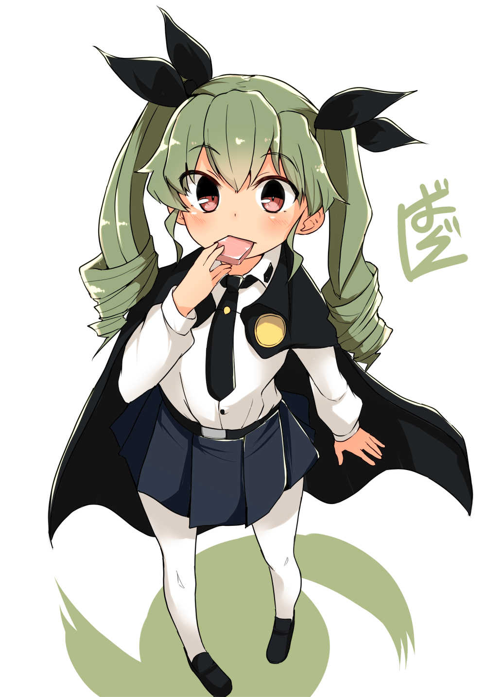 1girl anchovy anzio_school_uniform bangs barashiya black_belt black_cape black_footwear black_neckwear black_ribbon blue_skirt cape collared_shirt dress_shirt drill_hair eating eyebrows_visible_through_hair food food_in_mouth girls_und_panzer green_hair hair_between_eyes hair_ribbon highres holding holding_food loafers long_hair long_sleeves necktie pantyhose pleated_skirt red_eyes ribbon school_uniform shirt shoes signature skirt solo standing twin_drills twintails white_background white_legwear white_shirt