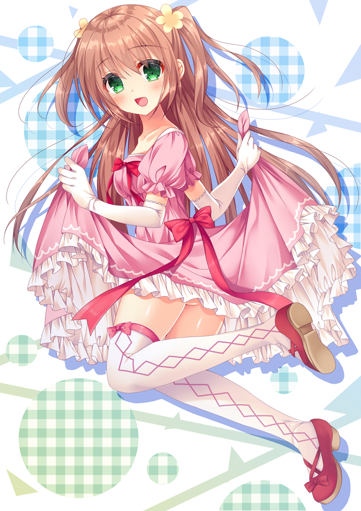 1girl :d blush brown_hair collarbone commentary_request dress elbow_gloves eyebrows_visible_through_hair from_side fujikura_ryuune full_body gloves green_eyes juliet_sleeves lifted_by_self long_hair long_sleeves looking_at_viewer looking_to_the_side open_mouth original pink_dress puffy_short_sleeves puffy_sleeves shiny shiny_skin shoe_soles short_sleeves skirt skirt_lift smile solo thigh-highs twintails twisted_neck white_gloves white_legwear zettai_ryouiki