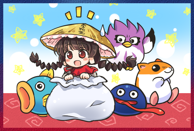 1girl :d ajirogasa bangs black_eyes black_hair blue_background blunt_bangs blush braid brown_hat coo_(kirby) crossover earlobes eyebrows_visible_through_hair flying framed frilled gooey hat in_container in_sack kine_(kirby) kirby's_dream_land_2 kirby_(series) long_hair open_mouth pote_(ptkan) red_eyes rick_(kirby) sack smile star sweatdrop tongue tongue_out touhou twin_braids yatadera_narumi