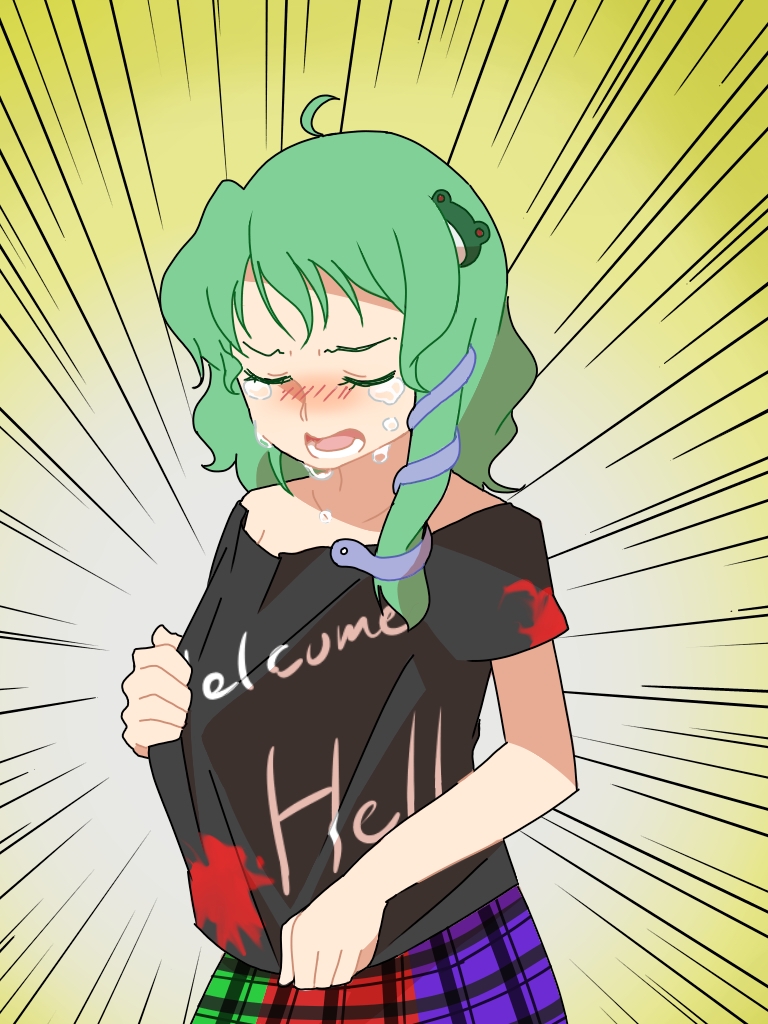 1girl ahoge black_shirt blush clothes_writing cosplay crying emphasis_lines frog_hair_ornament gradient gradient_background green_hair hair_ornament hecatia_lapislazuli hecatia_lapislazuli_(cosplay) kochiya_sanae long_hair multicolored multicolored_clothes multicolored_skirt off_shoulder open_mouth sasa_kichi shirt shirt_grab short_sleeves skirt snake_hair_ornament solo t-shirt tears teeth tongue touhou upper_body white_background yellow_background