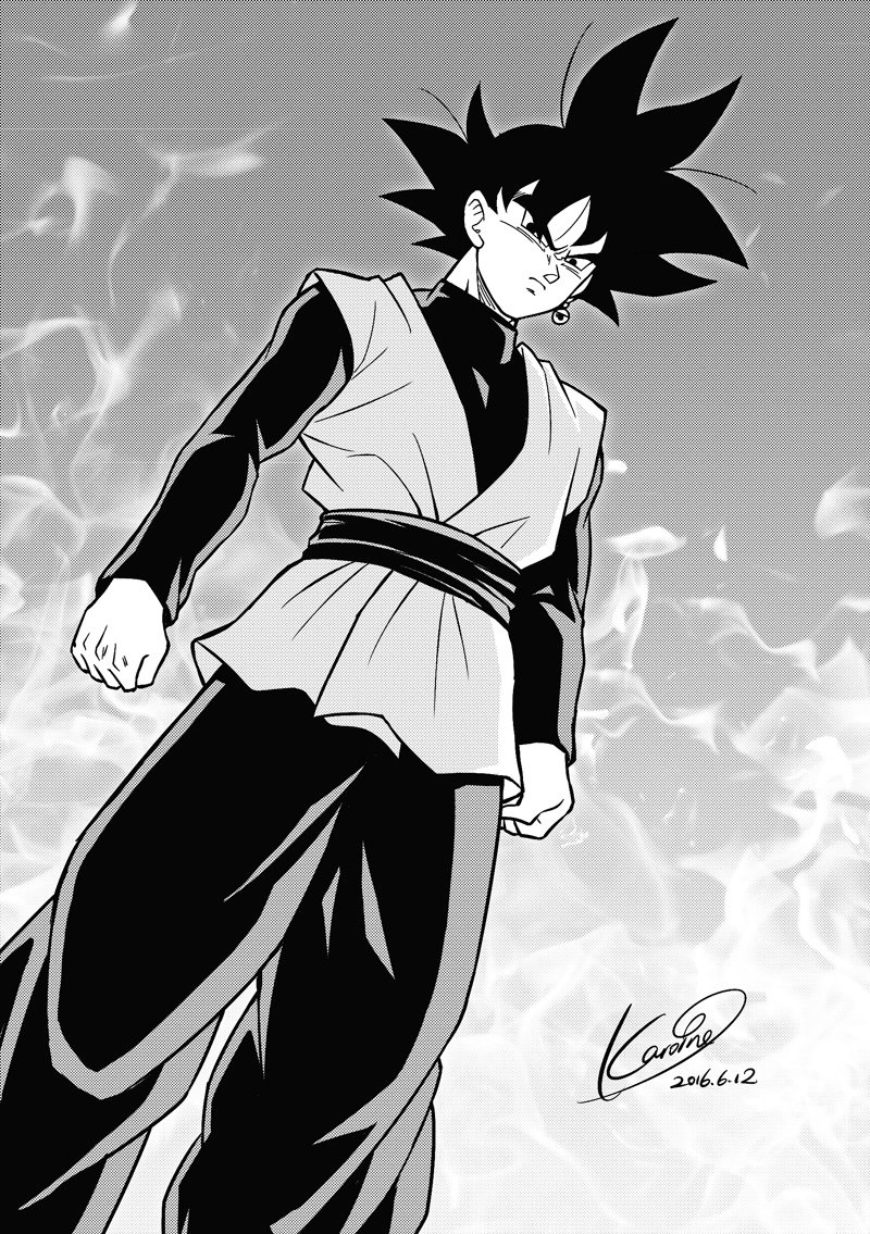 1boy 2016 artist_name black_eyes black_hair clenched_hands dated dougi dragon_ball dragon_ball_super earrings frown gokuu_black grey_background greyscale jewelry karoine long_sleeves looking_away male_focus monochrome serious short_hair simple_background spiky_hair standing
