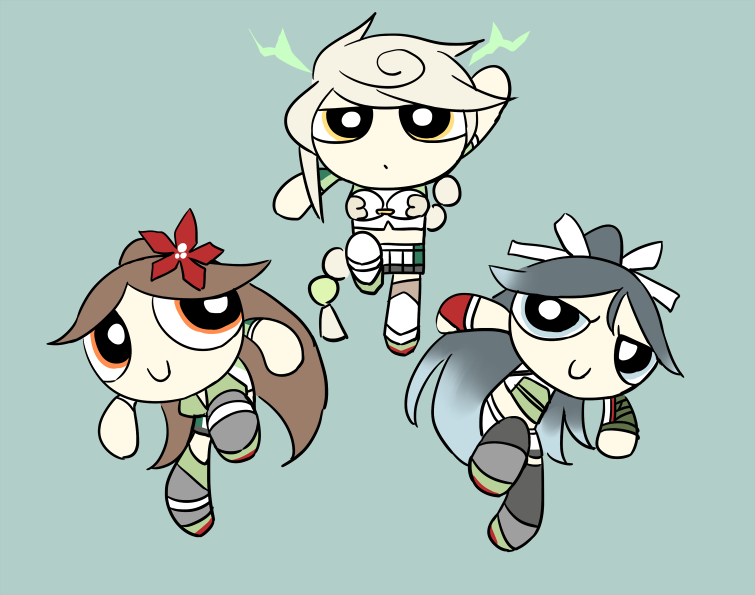 3girls amagi_(kantai_collection) armor asymmetrical_bangs asymmetrical_hair bangs black_hair blue_eyes braid brown_eyes brown_hair cartoon_network chibi cloud_print craig_mccracken_(style) crop_top flower full_body gradient_hair green_background grey_background hair_flower hair_ornament hair_ribbon high_ponytail hisaki_(morenabe) japanese_clothes jitome kadokawa kantai_collection katsuragi_(kantai_collection) leaf_hair_ornament long_hair looking_at_viewer midriff multicolored_hair multiple_girls one_leg_raised orange_eyes parody parted_bangs ponytail powerpuff_girls remodel_(kantai_collection) ribbon silver_hair simple_background single_braid sparks tokyo_mx unryuu_(kantai_collection) very_long_hair wavy_hair white_ribbon yellow_eyes