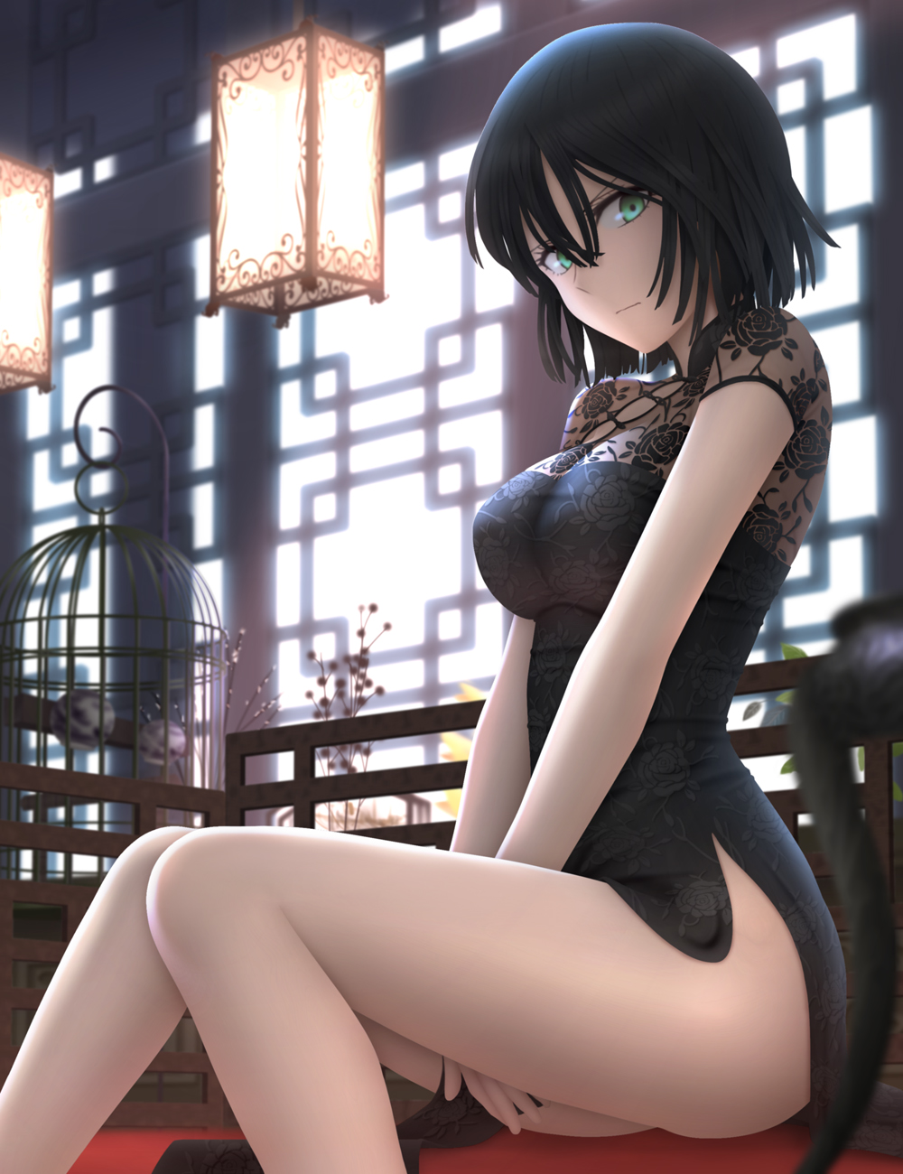 1girl backlighting between_legs birdcage black_dress black_hair breasts cage closed_mouth dress floral_print fubuki_(one-punch_man) green_eyes hair_between_eyes hand_between_legs highres indoors looking_at_viewer medium_breasts one-punch_man pelvic_curtain short_dress short_hair short_sleeves siraha solo