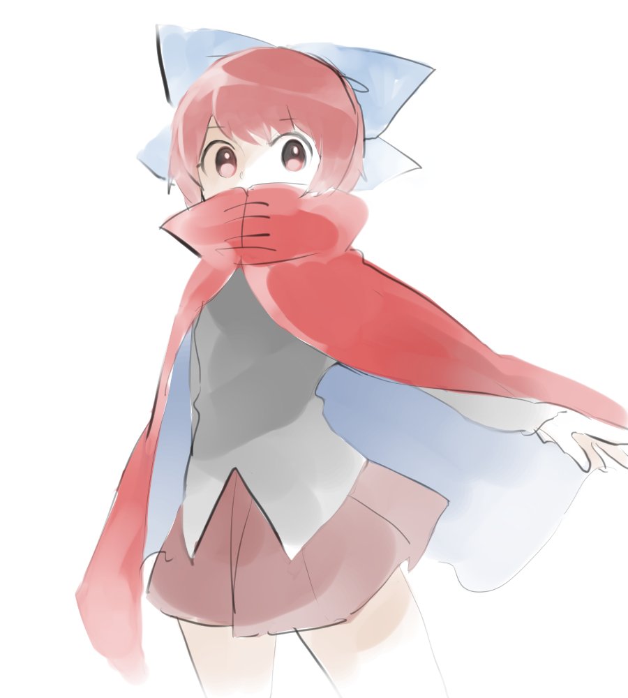 1girl bangs blue_bow bow cape covered_mouth cowboy_shot eyebrows_visible_through_hair grey_vest hair_bow high_collar long_sleeves looking_at_viewer red_cape red_eyes red_skirt redhead sasa_kichi sekibanki simple_background skirt solo standing touhou vest white_background