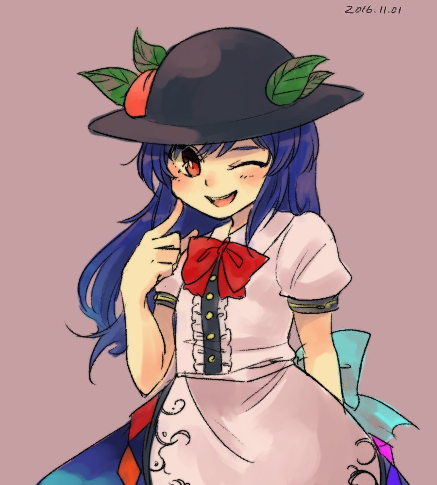 1girl :d apron black_hat blue_hair blue_skirt blush bow bowtie bright_pupils commentary_request dated food fruit hat hinanawi_tenshi index_finger_raised leaf long_hair one_eye_closed open_mouth peach puffy_short_sleeves puffy_sleeves purple_background red_eyes red_neckwear sasa_kichi shirt short_sleeves simple_background skirt smile solo touhou white_shirt