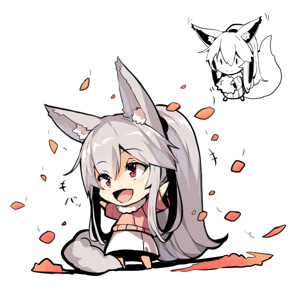 +++ 1girl :d animal_ears autumn_leaves bangs blush chibi eyebrows_visible_through_hair fox_ears fox_girl fox_tail fur_collar hair_between_eyes hands_up high_ponytail holding jacket long_hair multiple_wings open_mouth original pink_jacket ponytail red_eyes sidelocks silver_hair skirt smile standing tail very_long_hair white_skirt wings yuuji_(yukimimi)