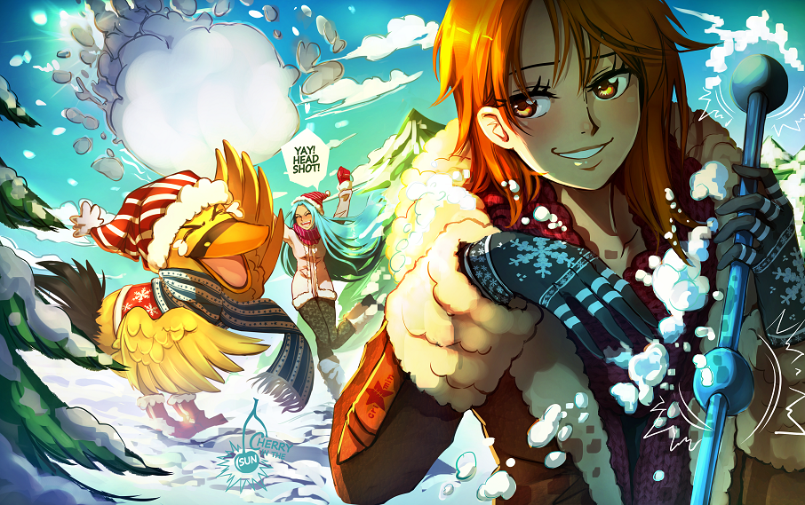 2girls aqua_hair artist_logo bird carue cherry_in_the_sun closed_eyes day duck english fur_collar fur_trim gloves hat jacket laughing lips long_hair long_sleeves looking_back medium_hair multiple_girls nami_(one_piece) nefertari_vivi one_piece open_mouth orange_eyes orange_hair outdoors pants parted_lips scarf smile snow very_long_hair winter winter_clothes