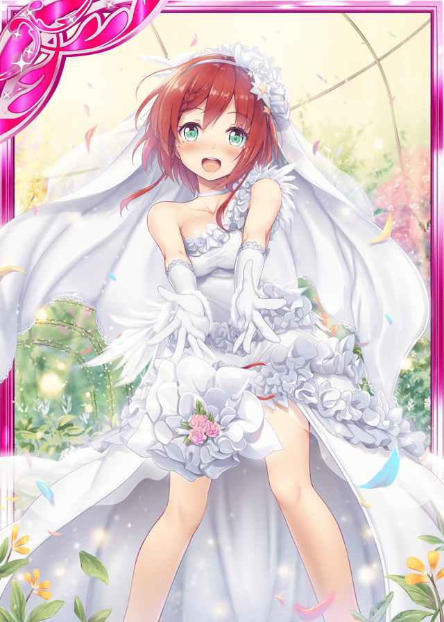 1girl akkijin aqua_eyes bare_shoulders bouquet bridal_veil brown_hair card_(medium) dress flower garden gloves hair_ornament happy_tears looking_at_viewer official_art open_mouth shinkai_no_valkyrie short_hair solo star tears veil very_short_hair wedding_dress white_gloves