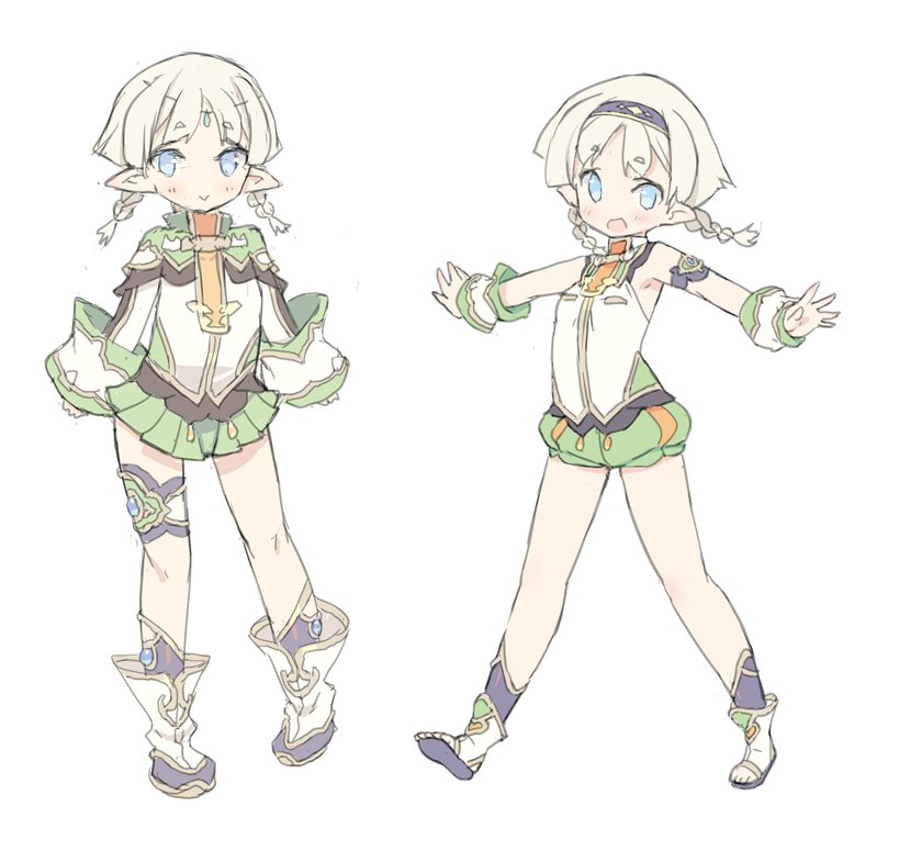 1girl :&gt; blade_(galaxist) blonde_hair blue_eyes blush braid circlet concept_art elf full_body hairband juno_bernal looking_at_viewer official_art open_mouth pointy_ears pop-up_story short_shorts shorts smile twin_braids