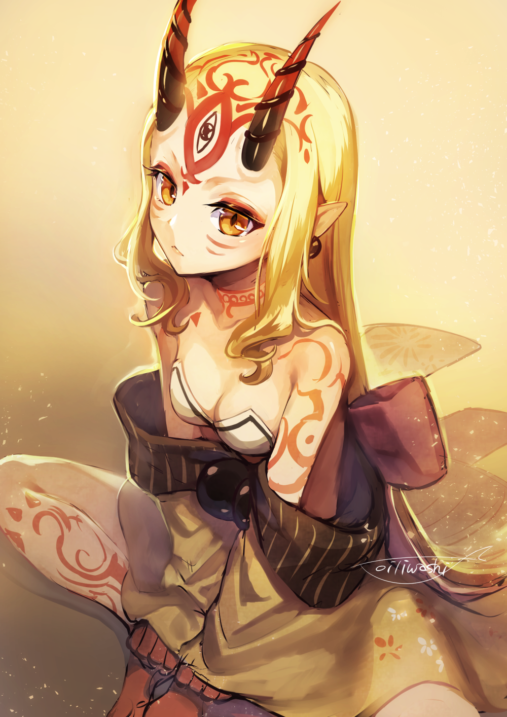 1girl bare_shoulders blonde_hair breasts brown_background brown_kimono cleavage closed_mouth collarbone earrings expressionless eyeshadow facial_tattoo fate/grand_order fate_(series) floral_print goqgoq gradient gradient_background highres horns ibaraki_douji_(fate/grand_order) japanese_clothes jewelry kimono long_hair long_sleeves looking_at_viewer makeup multicolored multicolored_skin off_shoulder oni oni_horns pointy_ears print_kimono red_skin sash sidelocks signature sitting small_breasts solo straight_hair tattoo very_long_hair wide_sleeves yellow_background yellow_eyes