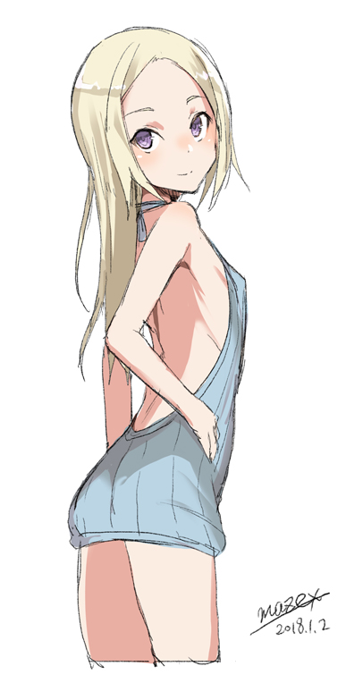 1girl backless_outfit bangs bare_arms bare_shoulders blonde_hair blue_sweater blush closed_mouth cowboy_shot dated long_hair looking_at_viewer looking_to_the_side maze_(gochama_ze_gohan) meme_attire naked_sweater original parted_bangs ribbed_sweater signature simple_background smile solo sweater violet_eyes virgin_killer_sweater white_background