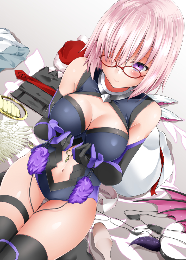 1girl bag black_legwear blush bodysuit breasts cleavage cleavage_cutout closed_mouth clothing_aside collar dutch_angle eyebrows_visible_through_hair fate_(series) feathers from_above glasses hair_over_one_eye hairband hat holding indoors looking_at_viewer mash_kyrielight navel_cutout pink_hair santa_hat shirosuzu short_hair sitting sweater thigh-highs thigh_gap thighs violet_eyes wings