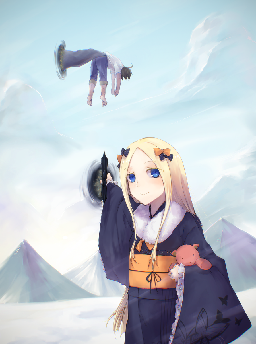 1boy 1girl abigail_williams_(fate/grand_order) animal_print bangs barefoot black_bow black_hair black_kimono blonde_hair blue_eyes blue_pants blush bow butterfly_print closed_mouth edward_teach_(fate/grand_order) ele_tria eyebrows_visible_through_hair fate/grand_order fate_(series) forehead fur_collar hair_bow highres japanese_clothes kimono long_hair long_sleeves looking_at_viewer mountain obi object_hug orange_bow pants parted_bangs polka_dot polka_dot_bow portal_(object) print_kimono revision sash shirt short_sleeves smile stuffed_animal stuffed_toy teddy_bear tentacle very_long_hair white_shirt wide_sleeves