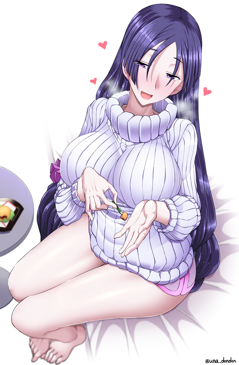 1girl bed blush breasts fate/grand_order fate_(series) food full-face_blush full_body half-closed_eyes heart huge_breasts legs long_hair looking_at_viewer mature minamoto_no_raikou_(fate/grand_order) on_bed open_mouth purple_hair short_shorts shorts sitting sweater unadon very_long_hair violet_eyes