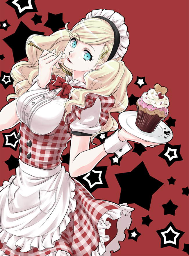 1girl blonde_hair blue_eyes bow bowtie dress eating food fork long_hair looking_at_viewer maid maid_headdress oto_nagi persona persona_5 skirt smile solo takamaki_anne twintails