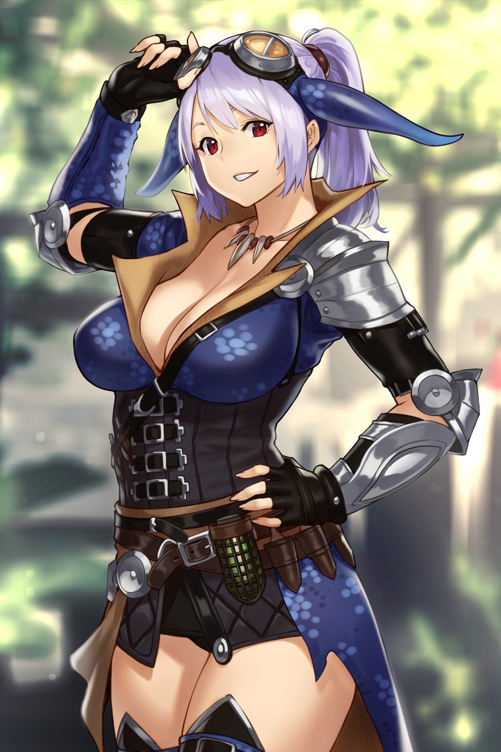 1girl arm_guards arm_up armor belt blurry blurry_background breasts cleavage commentary_request day elbow_gloves elbow_pads fingerless_gloves fingernails gloves goggles goggles_on_head hand_on_hip highres horns houtengeki jewelry large_breasts long_hair looking_at_viewer necklace original outdoors parted_lips ponytail purple_hair red_eyes shoulder_armor smile solo thigh-highs zettai_ryouiki