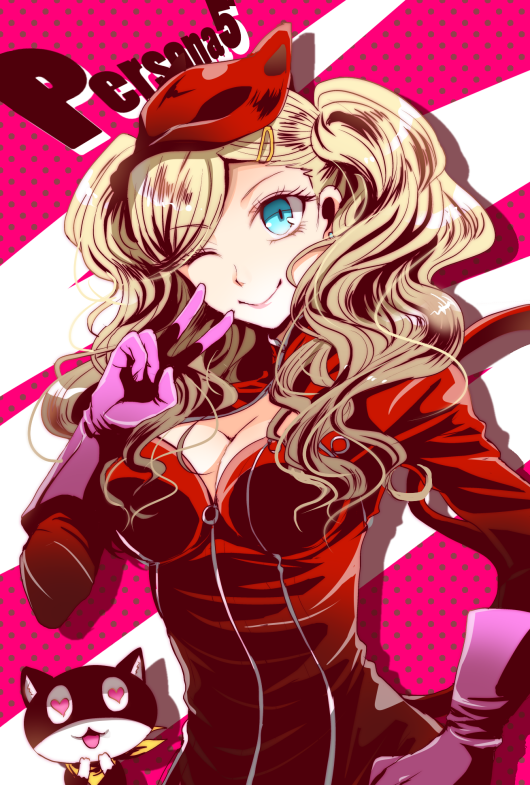 1girl blonde_hair blue_eyes bodysuit cleavage_cutout copyright_name gloves hasumi_hiko heart heart-shaped_pupils long_hair looking_at_viewer mask morgana_(persona_5) one_eye_closed persona persona_5 smile symbol-shaped_pupils takamaki_ann twintails v