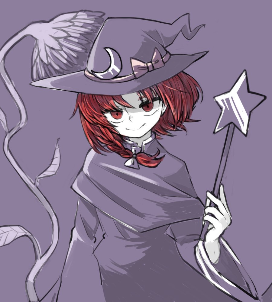 1girl braid capelet closed_mouth commentary_request copyright_request dress hair_ribbon hat holding long_sleeves purple_background red_eyes redhead ribbon sasa_kichi simple_background smile solo tress_ribbon wand wide_sleeves witch_hat