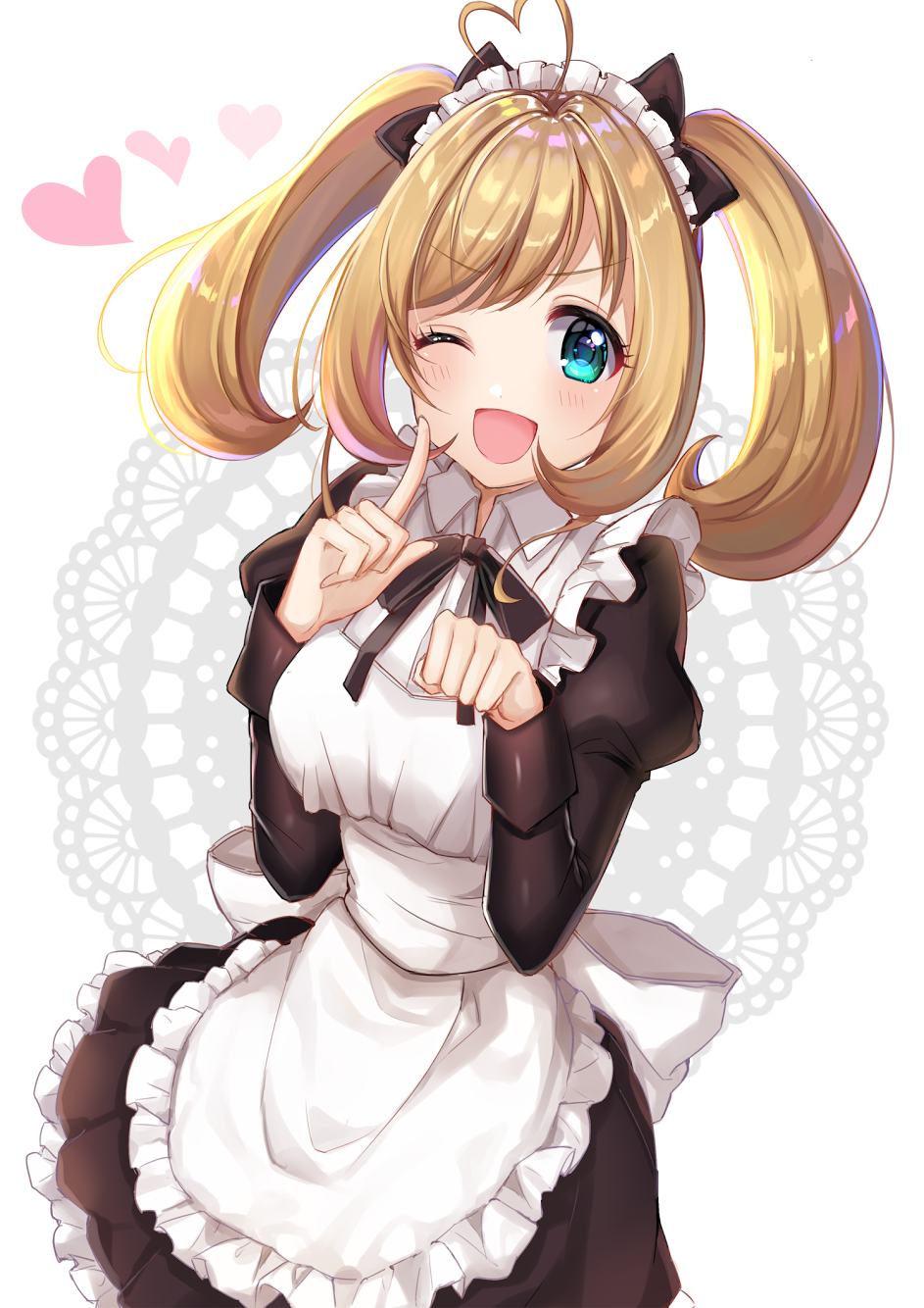 1girl ;d ahoge apron bangs black_bow black_dress blue_eyes blush bow breasts commentary_request doily dress eyebrows_visible_through_hair fingernails frilled_apron frills hair_bow heart heart_ahoge highres idolmaster idolmaster_cinderella_girls index_finger_raised juliet_sleeves light_brown_hair long_hair long_sleeves looking_at_viewer maid maid_apron maid_headdress medium_breasts one_eye_closed open_mouth puffy_sleeves satoimo_chika satou_shin sidelocks smile solo twintails white_apron white_background white_bow