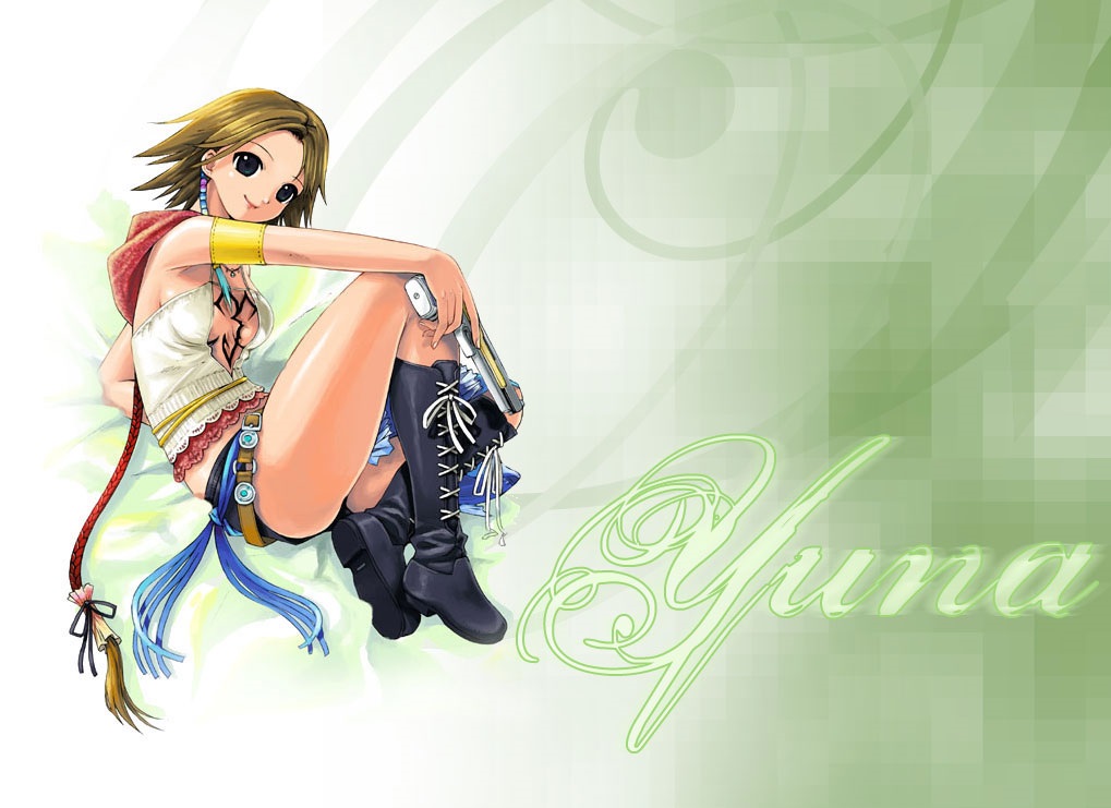 1girl boots breasts brown_hair final_fantasy final_fantasy_x final_fantasy_x-2 short_hair smile solo weapon yuna_(ff10)