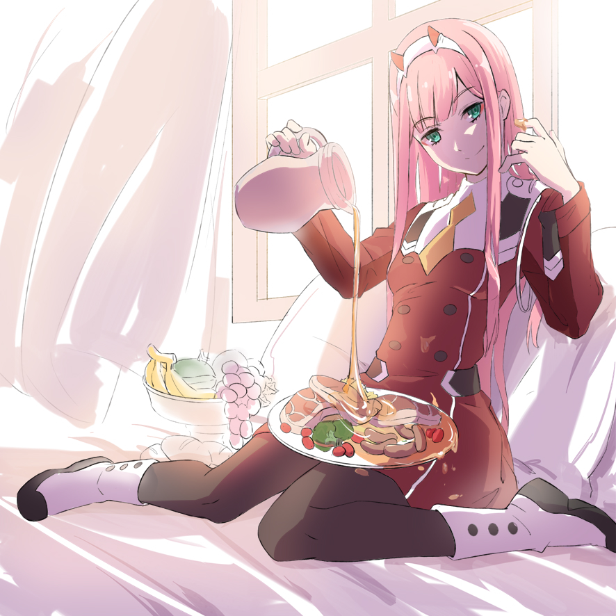 1girl banana bangs black_legwear boots curtains darling_in_the_franxx dress eyebrows_visible_through_hair food fruit full_body grapes green_eyes hairband honey horns long_hair looking_at_viewer meat orange_neckwear pantyhose pillow pink_hair plate pouring red_dress shiro_q~ sitting smile solo uniform very_long_hair wariza wind window zero_two_(darling_in_the_franxx)