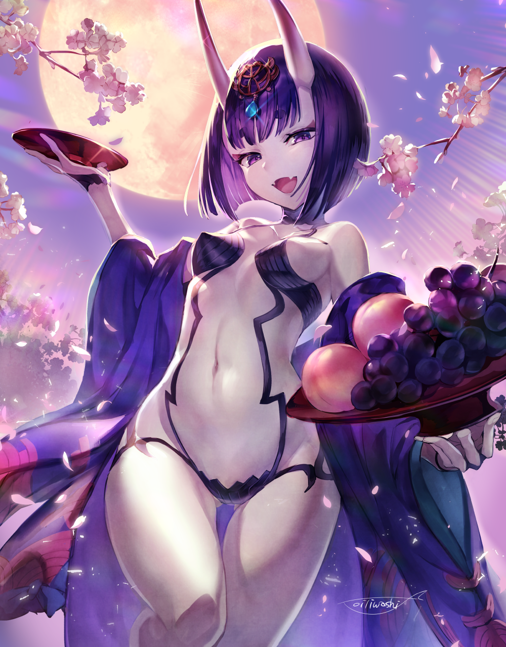 1girl :d backlighting bangs bare_shoulders blunt_bangs bob_cut bowl breasts cherry_blossoms collarbone cowboy_shot cup eyebrows_visible_through_hair eyeshadow falling_petals fangs fate/grand_order fate_(series) fingernails food fruit full_moon gem glint gluteal_fold goqgoq grapes groin half-closed_eyes head_tilt headpiece highres holding holding_bowl horns japanese_clothes kimono light_rays long_sleeves looking_at_viewer makeup moon navel off_shoulder one_leg_raised oni oni_horns open_clothes open_kimono open_mouth outdoors peach petals print_kimono purple_hair purple_kimono purple_sky revealing_clothes sakazuki short_eyebrows short_hair shuten_douji_(fate/grand_order) signature sky small_breasts smile solo standing stomach thigh_gap tree turtleneck violet_eyes white_skin yellow_moon