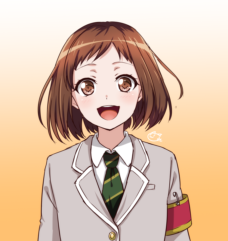 1girl :d armband bang_dream! brown_eyes brown_hair gradient gradient_background green_neckwear hazawa_tsugumi looking_at_viewer necktie nyanmaru_(ememing) open_mouth orange_background safety_pin school_uniform short_hair smile solo striped_neckwear upper_body