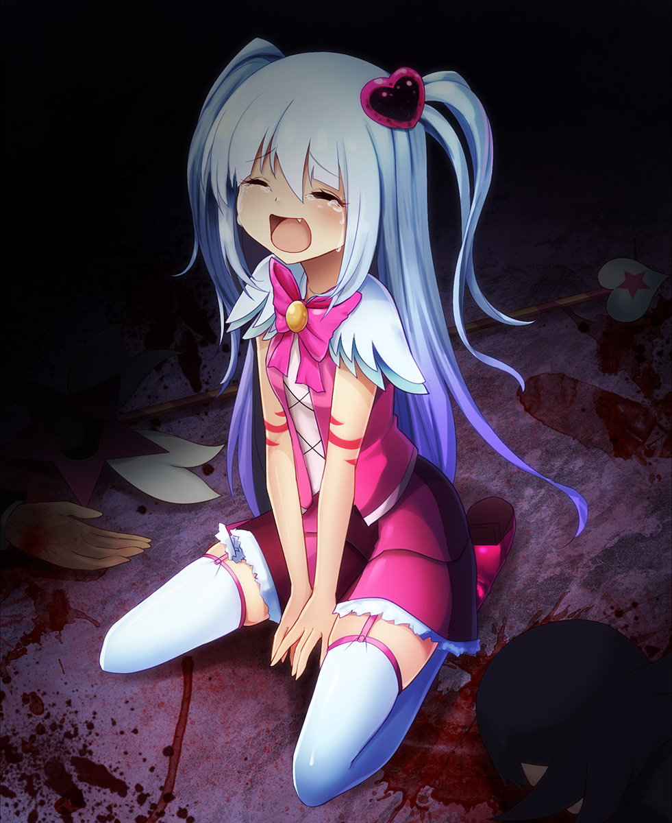 1girl arm_behind_back arm_tattoo asymmetrical_hair bangs blonde_hair blood blood_splatter blush bow bowtie character_request child corpse crying dark_background death eyebrows_visible_through_hair fang full_body hair_ornament hands heart_hair_ornament highres lobotomy_corporation long_hair magical_girl on_ground open_mouth own_hands_together pink_bow pink_footwear pink_neckwear pink_skirt pink_vest raised_eyebrows sad sidelocks sitting skin_tight skirt solo_focus straight_hair streaming_tears tattoo tears thigh-highs two_side_up v_arms very_long_hair vest wand white_legwear z.o.b zettai_ryouiki