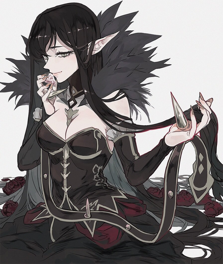 1girl bare_shoulders black_dress black_hair breasts closed_mouth detached_sleeves dress ebanoniwa eyebrows_visible_through_hair fate/apocrypha fate/grand_order fate_(series) flower food fruit fur_collar fur_trim holding holding_food holding_fruit jewelry long_hair looking_at_viewer medium_breasts nail_polish petals pointy_ears red_flower red_petals rose rose_petals semiramis_(fate) simple_background slit_pupils solo strawberry upper_body very_long_hair white_background yellow_eyes