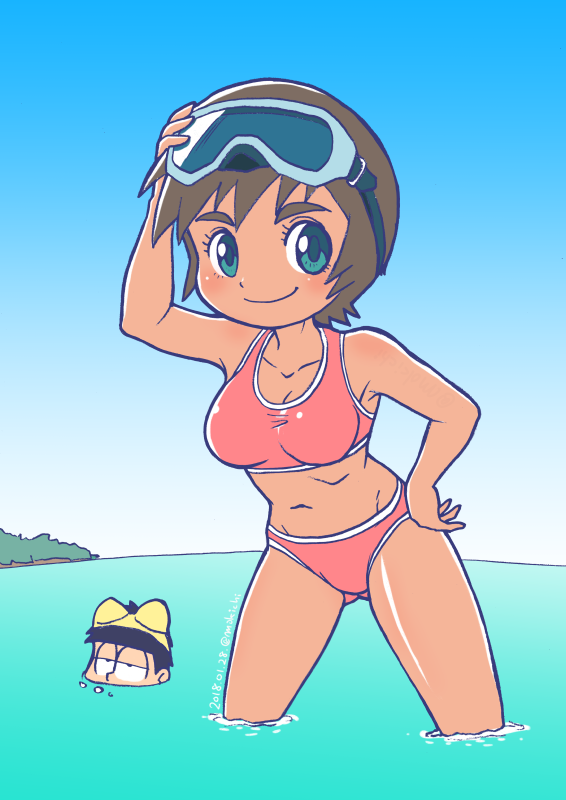 1boy 1girl bikini blue_eyes brown_hair goggles goggles_on_head hand_on_hip inuyama_kinko matsuno_ichimatsu mochi-iri_kinchaku osomatsu-kun osomatsu-san short_hair swimsuit tan tomboy wading