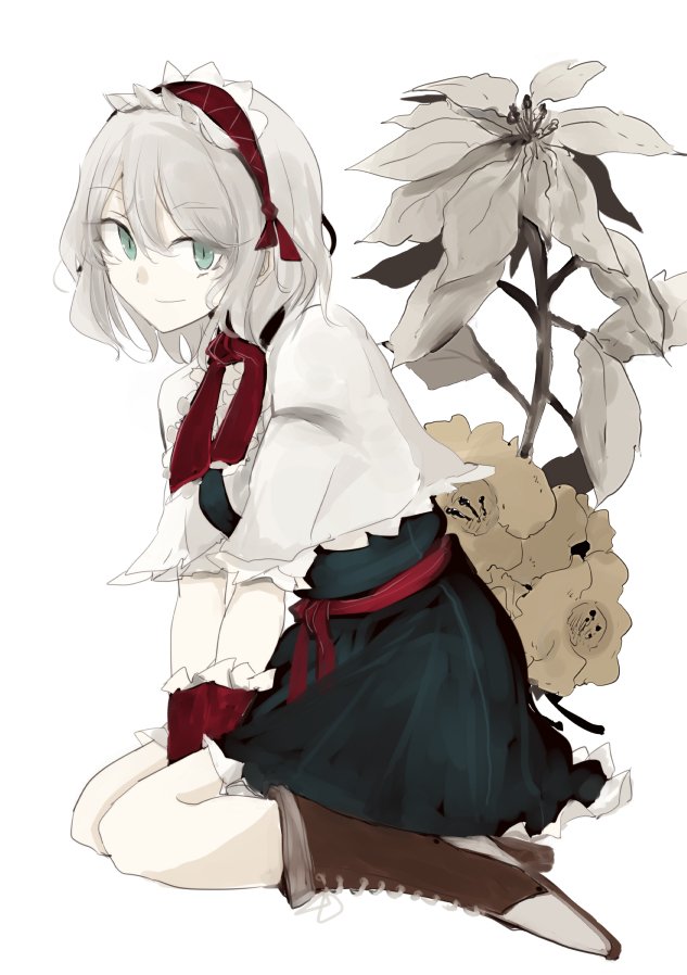 1girl alice_margatroid alternate_hair_color bent_knees between_legs blue_dress boots closed_mouth commentary_request dress flower from_side green_eyes grey_hair hairband hand_between_legs looking_at_viewer ne_kuro red_hairband red_neckwear red_sash sash seiza sitting solo touhou white_background white_capelet